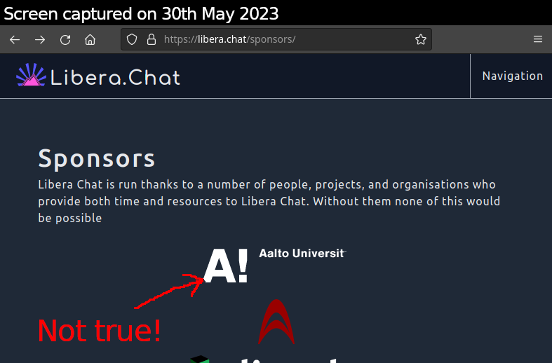 screen capture of Libera.chat/sponsors