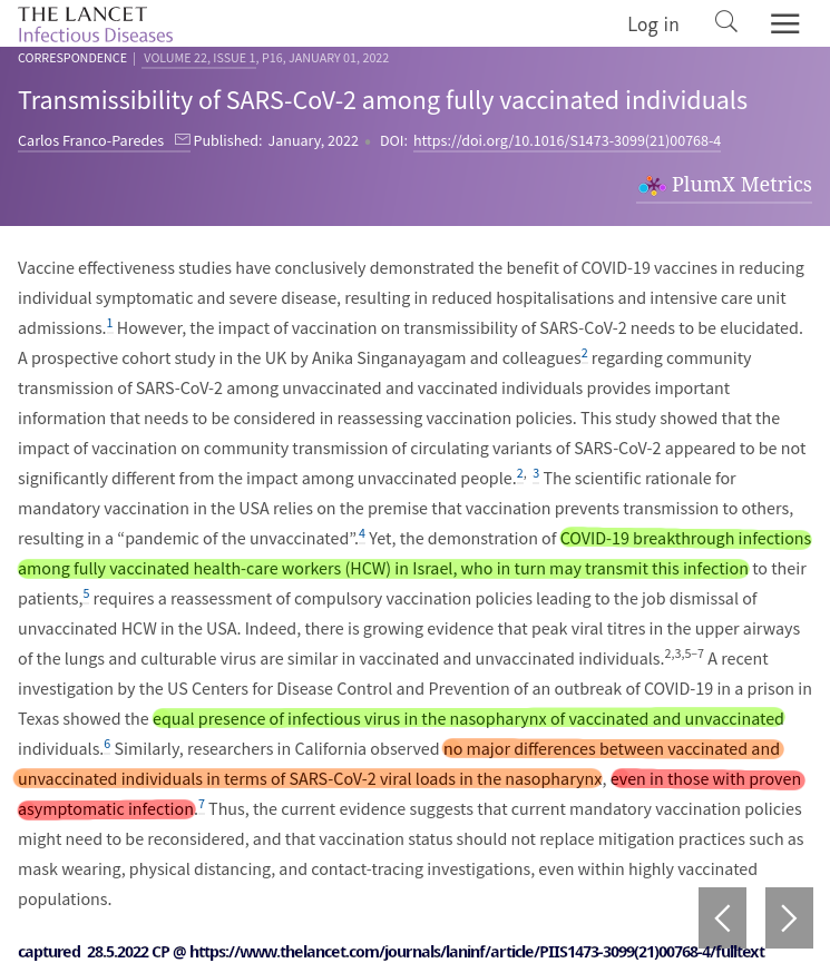 Capture of Franco-Pedes 2022 paper Transmissibility of SARS-CoV-2 among fully vaccinated individuals, with highlights